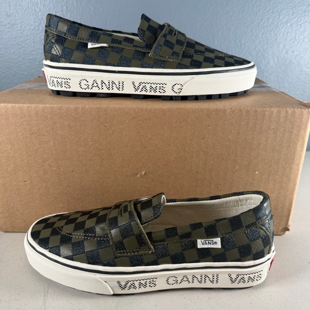 Ganni x Vans Vault Olive Green Checkered Penny Loafer Platform Shoes Womens 7